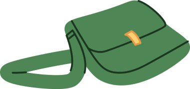 Uzun kayışı ve basit bir tokası olan bir karikatür kurye çantası. Poşet kalın çizgiler ve minimalist bir yaklaşımla çizilmiş. Çizgi film vektör illüstrasyonu.