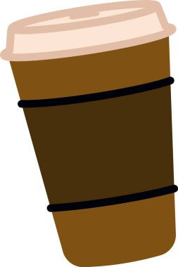Çizgi film tarzında kapaklı ve kollu bir kahve fincanı. Resimde koruyucu bantlı bir içecek konteynırını tasvir ediliyor. Çizgi film vektör illüstrasyonu.