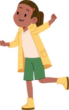 Çizgi film tarzında çizilmiş, şortu ve ceketi olan neşeli bir çocuk. Çocuk mutlu bir şekilde kollarını kaldırmış ve gülümsüyor. Çizgi film vektör illüstrasyonu.