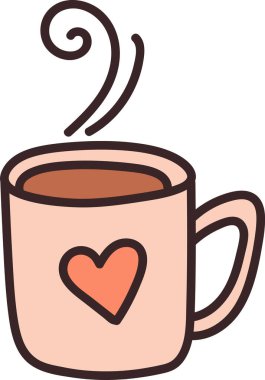 Karikatür tarzı kalp tasarımı olan dumanı tüten bir kahve fincanı. Bardakta bir buhar girdabı ve cesur bir kalp amblemi var. Çizgi film vektör illüstrasyonu.