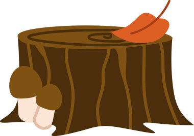 Mantarlı bir ağaç kütüğü ve sade bir yaprak. Resimde mantar ve tek bir yaprak ile süslenmiş tahta bir kütük görülüyor. Çizgi film vektör illüstrasyonu.