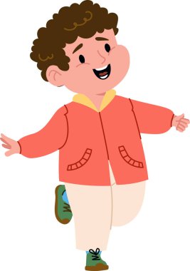 Çizgi film tarzında çizilmiş, ceket ve pantolon giyen kıvırcık saçlı neşeli bir çocuk. Çocuk kollarını açmış enerjik bir şekilde gülümsüyor ve yürüyor. Çizgi film vektör illüstrasyonu.