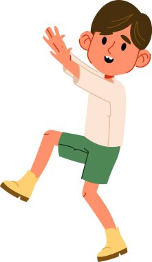 Neşeli bir ifadesi ve günlük kıyafetleriyle dinamik pozlar veren çizgi film çocuğu. Çocuk canlı görünüyor, şort ve bot giyiyor, enerji gösteriyor. Çizgi film vektör illüstrasyonu.