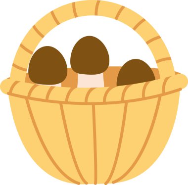 Çizgi film tarzında mantarlarla dolu bir sepet. Resimde örülmüş bir kabın içindeki mantarlar görülüyor. Çizgi film vektör illüstrasyonu.