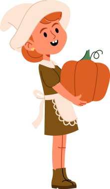 Elbiseli ve şapkalı genç bir kız büyük bir balkabağı tutuyor. Çizgi film tarzında çizilmiş. Karakter neşeyle gülümserken çizme ve önlük giyer. Çizgi film vektör illüstrasyonu.