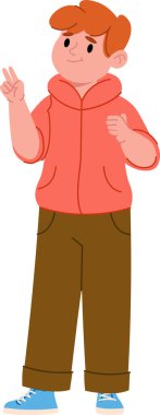 Kapüşonlu ve pantolonlu bir çocuk çizgi film tarzında bir barış işareti gösteriyor. Genç erkek karakter arkadaş canlısı bir ifadeyle özgüvenle ayakta duruyor. Çizgi film vektör illüstrasyonu.