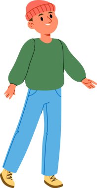 Şapka, kazak ve komik bir ifade takınan kot pantolon giyen biri. Bireyin kendine güveni tam, dostane bir duruşu ve günlük kıyafetleri var. Çizgi film vektör illüstrasyonu.