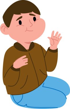 Kısa saçlı bir çocuk oturur ve düz bir şekilde çizilmiş dostane bir şekilde el sallar. Çocuk günlük kıyafetler giyiyor ve neşeli bir ifadeye sahip. Çizgi film vektör illüstrasyonu.