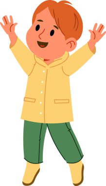 Çizgi film tarzında kollarını kaldırmış mutlu bir çocuk. Çocuk bir yağmurluk ve çizme giyer ve heyecanını belli eder. Çizgi film vektör illüstrasyonu.