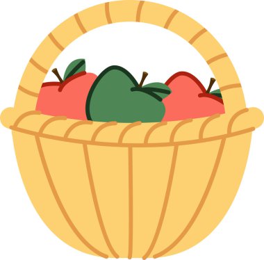 Çizgi film tarzında elmalarla dolu bir hasır sepet. Görüntü, renkli ve neşeli bir bakışla meyve tutan bir kabı gösteriyor. Çizgi film vektör illüstrasyonu.