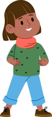 Çizgi film tarzında atkısı ve kalp desenli süveteri olan neşeli bir çocuk. Çocuk kendine güvenerek duruyor, sarılmış kot pantolon ve botlar giyiyor. Çizgi film vektör illüstrasyonu.