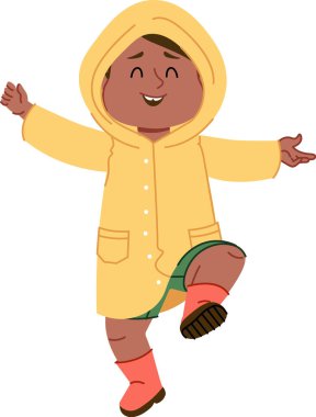 Bir çocuk kolları açık bir şekilde çizgi film tarzında yağmurlukla neşeyle dans eder. Çocukların neşeli ifadeleri ve neşeli pozları bir eğlence ve özgürlük hissi uyandırıyor. Çizgi film vektör illüstrasyonu.