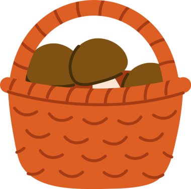 Çizgi film tarzında mantarlarla dolu bir sepet. İçinde örülmüş bir doku var. Mantarlar kıvrımlı saplı dokulu bir kabın içinde otururlar. Çizgi film vektör illüstrasyonu.