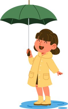 Yağmurluk giymiş bir çocuk şemsiye tutuyor, yağmur altında çizgi film tarzında gülümsüyor. Genç kız bir su birikintisinin üzerinde duruyor, yağmurlu havanın tadını çıkarıyor. Çizgi film vektör illüstrasyonu.