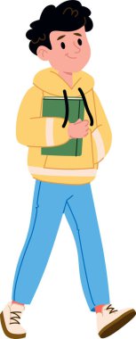 Kapüşonlu genç bir çocuk yürürken çizgi film tarzında çizilmiş bir kitap tutuyor. İllüstrasyonda, elinde ders kitabıyla gezen bir öğrenci resmediliyor. Çizgi film vektör illüstrasyonu.