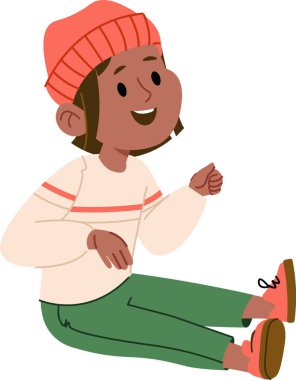 Bereli ve kazaklı bir çocuk çizgi film tarzında neşeli bir ifadeyle mutlu bir şekilde oturur. Çocuk kalın kıyafetler giyiyor, neşeli bir yüzle rahatça oturuyor. Çizgi film vektör illüstrasyonu.