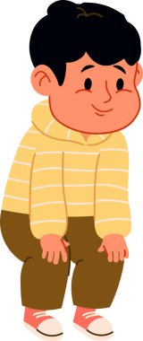 Çizgili kapüşonlu ve kahverengi pantolonlu genç bir çocuk çizgi film tarzında gülümsüyor. Çocuk elleri dizlerinin üstünde, spor ayakkabı giyiyor ve neşeli bir ifade takınıyor. Çizgi film vektör illüstrasyonu.