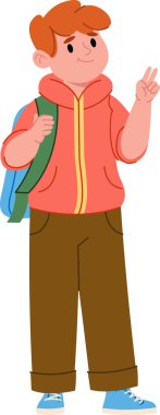 Kapüşonlu ve sırt çantalı bir çocuk çizgi film tarzında barış işareti yapıyor. Genç erkek karakter bir çanta ve dostça bir jestle kendinden emin duruyor. Çizgi film vektör illüstrasyonu.