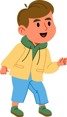 Kahverengi saçlı, ceketi ve pantolonu çizgi film tarzında olan neşeli bir çocuk. Kapüşonlu ve ayakkabılı gülümseyen çocuk. Çizgi film vektör illüstrasyonu.