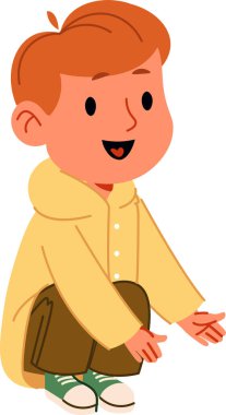 Kapüşonlu, çömelmiş, neşeli bir şekilde gülümseyen bir çizgi film çocuğu. Çocuğun neşeli bir ifadesi var ve sıradan giyinmiş. Çizgi film vektör illüstrasyonu.