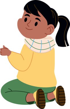 At kuyruklu bir çocuk çizgi film tarzında eşarp ve süveter giyerek bacak bacak üstüne atarak oturur. Genç figür rahat bir kıyafetle tasvir ediliyor, yana bakıyor. Çizgi film vektör illüstrasyonu.