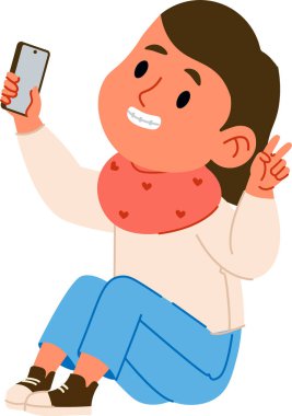 Çizgi film karakteri bacak bacak üstüne atarak oturur, akıllı telefonuyla selfie çeker, kalpli bir eşarp takar. Şekil bir barış işareti taşıyor ve geniş bir şekilde gülümsüyor. Çizgi film vektör illüstrasyonu.