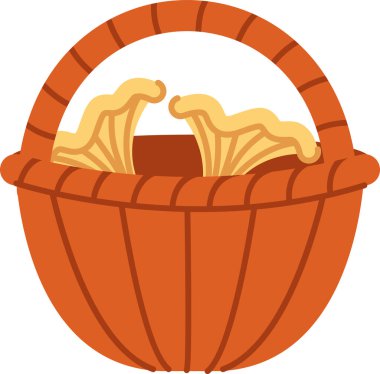 Çizgi film tarzında mantarlarla dolu bir hasır sepet. Sepet, neşeli bir şekilde çizilmiş dalgalı kapaklı mantarlar içeriyor. Çizgi film vektör illüstrasyonu.