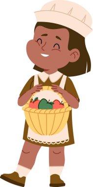 Genç bir kız elinde bir sepet meyve tutarken çizgi film tarzında gülümsüyor. Neşeli bir çocuk şenlik kıyafeti giymiş meyve dolu bir sepet taşıyor. Çizgi film vektör illüstrasyonu.