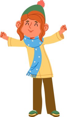 Çizgi film tarzında şapkası ve atkısı olan neşeli bir çocuk. Çocuk sıcak bir gülümseme ve kolları açık bir şekilde giyinmiş. Çizgi film vektör illüstrasyonu.