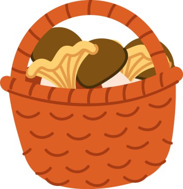 Çizgi film tarzında çeşitli mantarlarla dolu bir sepet. Çizimlerde mantarların elle çizilmiş kaplamaları gösteriliyor. Çizgi film vektör illüstrasyonu.