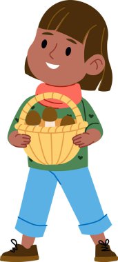 Gülen bir çocuk bir sepet dolusu mantar tutar, neşeli bir çizgi film stili çizer. Genç figür hasatı taşırken bir eşarp ve günlük kıyafetler giyiyor. Çizgi film vektör illüstrasyonu.