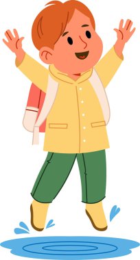 Yağmurluk giymiş bir çocuk çizgi film tarzında neşeyle su birikintisine atlıyor. Çocukların neşeli ifadeleri ve dinamik pozları eğlenceli bir anı yakalar. Çizgi film vektör illüstrasyonu.