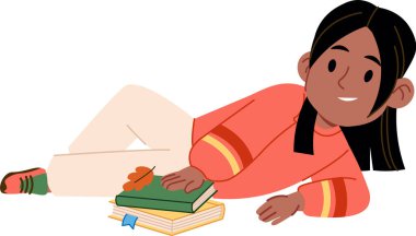 Sıradan giyinmiş bir kız düz bir tarzda kitap yığınının yanında yatar. Rahatça uzanır, rahatlık ve rahatlık hissi yayar. Çizgi film vektör illüstrasyonu.