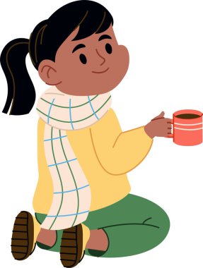 At kuyruklu genç bir kız elinde kahve fincanıyla bacak bacak üstüne atmış, düz bir şekilde çizilmiş. Atkı ve süveter giyen bir çocuk yerde otururken sıcak bir içkinin tadını çıkarıyor. Çizgi film vektör illüstrasyonu.