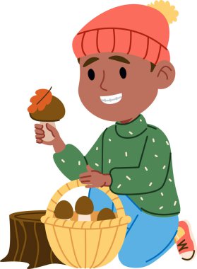 Çocuk sepetle diz çökmüş, çizgi film tarzında mantar topluyor. Ormanda mantar toplayan genç, kalın bir şapka ve kazak giyiyor. Çizgi film vektör illüstrasyonu.