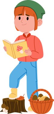 Yeşil şapkalı bir çocuk ağaç kütüğünün üzerinde çizgi film tarzında çizilmiş bir şekilde dururken mantar kitabı okur. Sahnede bir sepet mantar ve düşen yapraklar yer alıyor. Çizgi film vektör illüstrasyonu.