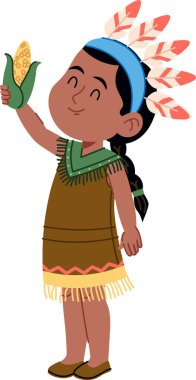 Geleneksel kıyafetli bir çocuğun elinde çizgi film tarzında çizilmiş bir mısır kulağı vardır. Genç figür tüy takıyor ve mısırları sunarken nazikçe gülümsüyor. Çizgi film vektör illüstrasyonu.