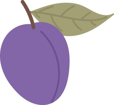 Basit bir çizgi film tarzında yaprağı olan tek bir erik. Meyve düz çizgiler ve düz bir görünümle tasvir edilir. Çizgi film vektör illüstrasyonu.