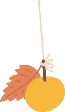 Yuvarlak bir meyve ve yaprak çizgi film tarzında bir ipe asılır. Resim, bir yaprak ile bağlanmış sallanan bir meyveyi oyuncu bir şekilde tasvir ediyor. Çizgi film vektör illüstrasyonu.