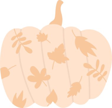 Çizgi film tarzında çeşitli sonbahar yapraklarıyla süslenmiş bir balkabağı. Farklı şekillerdeki yapraklar balkabağı yüzeyini oyuncu bir şekilde dekore eder. Çizgi film vektör illüstrasyonu.