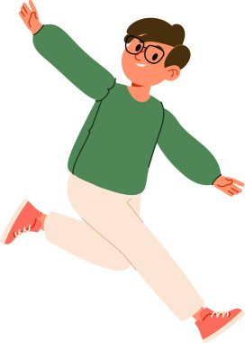 Gözlüklü bir çocuk dinamik bir duruş ve günlük kıyafetle neşeyle zıplar. Karakterlerin ifadeleri canlı ve enerjiktir, bir mutluluk anını yakalar. Çizgi film vektör illüstrasyonu.