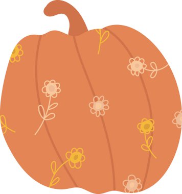 Çizgi film tarzında narin çiçek desenleriyle süslenmiş bir balkabağı. Resimde büyüleyici çiçek motifleriyle süslenmiş tuhaf bir su kabağı yer alıyor. Çizgi film vektör illüstrasyonu.