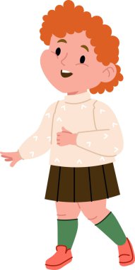 Kıvırcık saçlı ve kazaklı küçük bir çocuk mutlu bir şekilde yürüyor. Çocuk çoraplı ve ayakkabılı bir etek giyiyor, neşeli bir ifade sergiliyor. Çizgi film vektör illüstrasyonu.