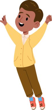 Süveter ve pantolon giymiş gülümseyen bir çocuk kollarıyla çizgi film tarzında yükseliyor. Çocuk keyifli ve enerjik görünüyor, havada zıplıyor. Çizgi film vektör illüstrasyonu.