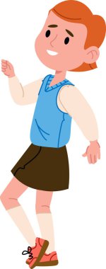 Kızıl saçlı, okul üniforması giyen ve çizgi film tarzında gülümseyen bir çocuk. Çocuk yelek ve etek giymiş, neşeli ve hareketli görünüyor. Çizgi film vektör illüstrasyonu.