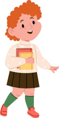 Kıvırcık saçlı bir çocuk kitap tutuyor ve çizgi film tarzında gülümsüyor. Çocuk bir etek ve çorap giyiyor, neşeli bir ifadeyle yürüyor. Çizgi film vektör illüstrasyonu.