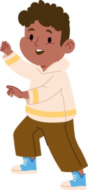 Çizgi film tarzında çizilmiş kapüşonlu ve pantolonlu gülümseyen bir çocuk. Çocuk kıvırcık saçlı ve spor ayakkabılı oyuncu bir şekilde tasvir ediliyor. Çizgi film vektör illüstrasyonu.