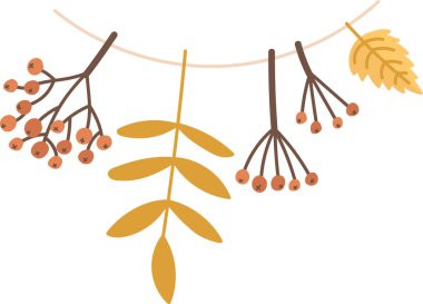 Çilekli ve yapraklı dallar, karikatür tarzında çizilmiş bir çelenk şeklinde asılı. İllüstrasyonda sonbahar yaprakları ve böğürtlenler neşeli bir düzende tasvir ediliyor. Çizgi film vektör illüstrasyonu.