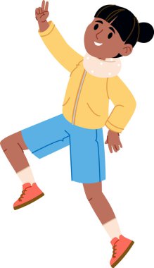Ceketli ve şortlu bir çocuk düz bir gülümsemeyle zıplıyor. Çocuk bir kolunu spor ayakkabı ve eşarp giyerken kaldırdı. Çizgi film vektör illüstrasyonu.