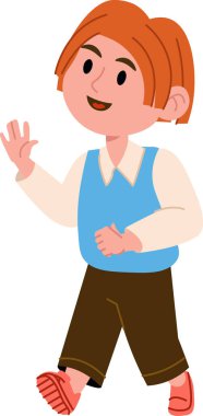 Kızıl saçlı genç bir çocuk çizgi film tarzında neşeyle el sallıyor. Çocuk arkadaşça bir ifade ve günlük kıyafetle yürürken resmedildi. Çizgi film vektör illüstrasyonu.